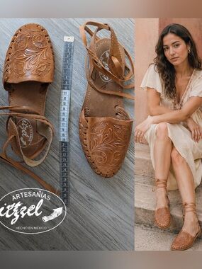 Handmade Mexico Tooled Leather Floral Sandals Women’s 7.5 Boho
